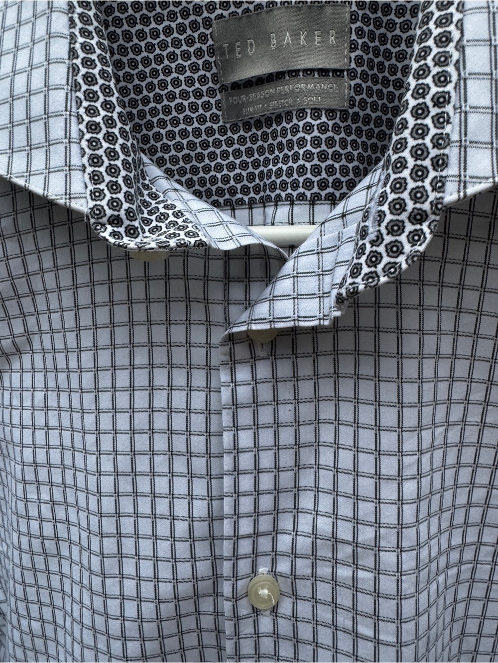 Ted Baker Button Down Dress Shirt White Gray Grey Check Boxed Accents 15.5 32 m